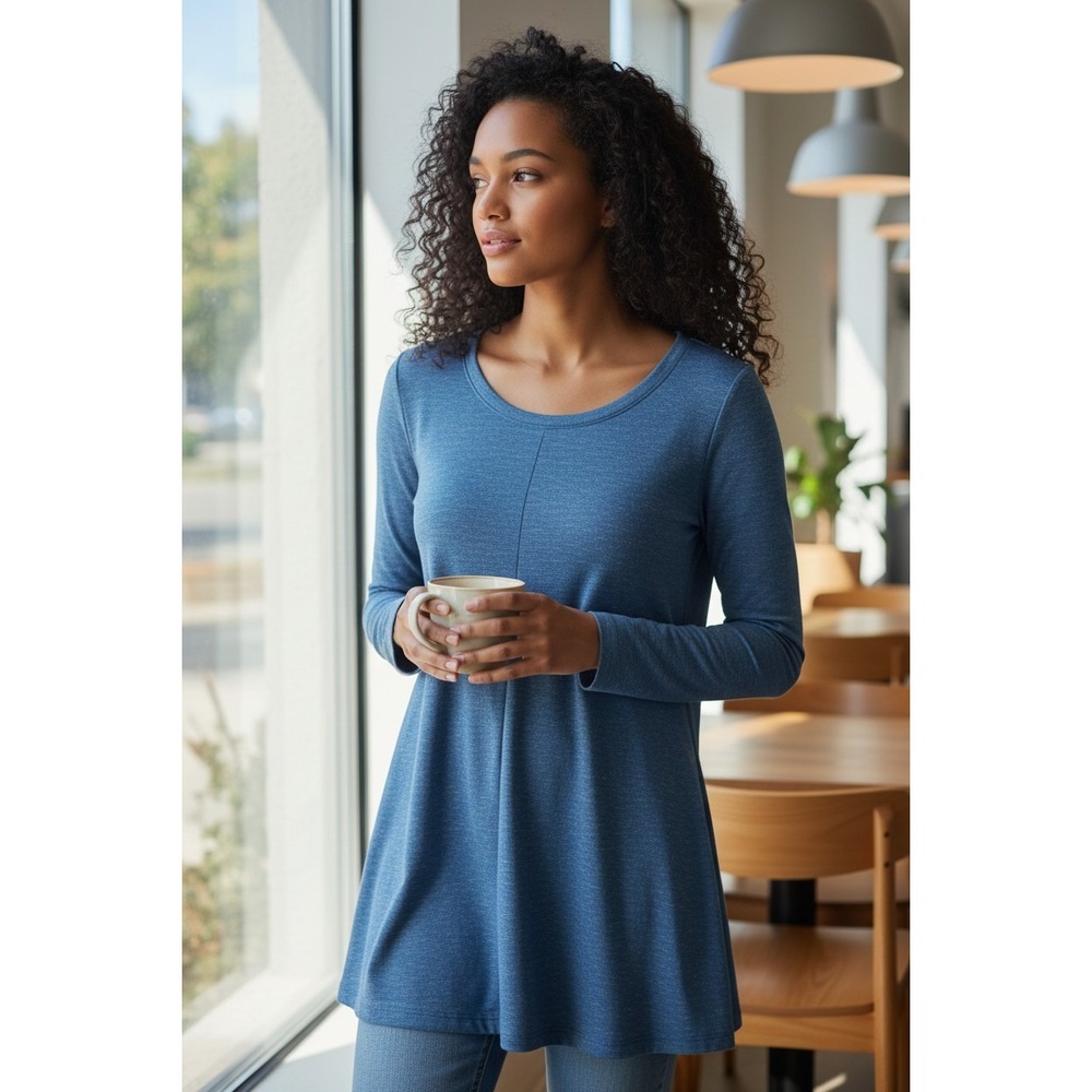 (H-233)Jones New York Womens Top Z-S Blue Long Sleeve Stretch Knit Blouse sweter